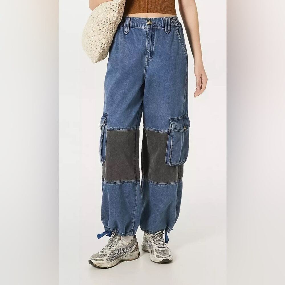 BDG Blue Denim Cargo Patchwork Pants with Black Knee Panels